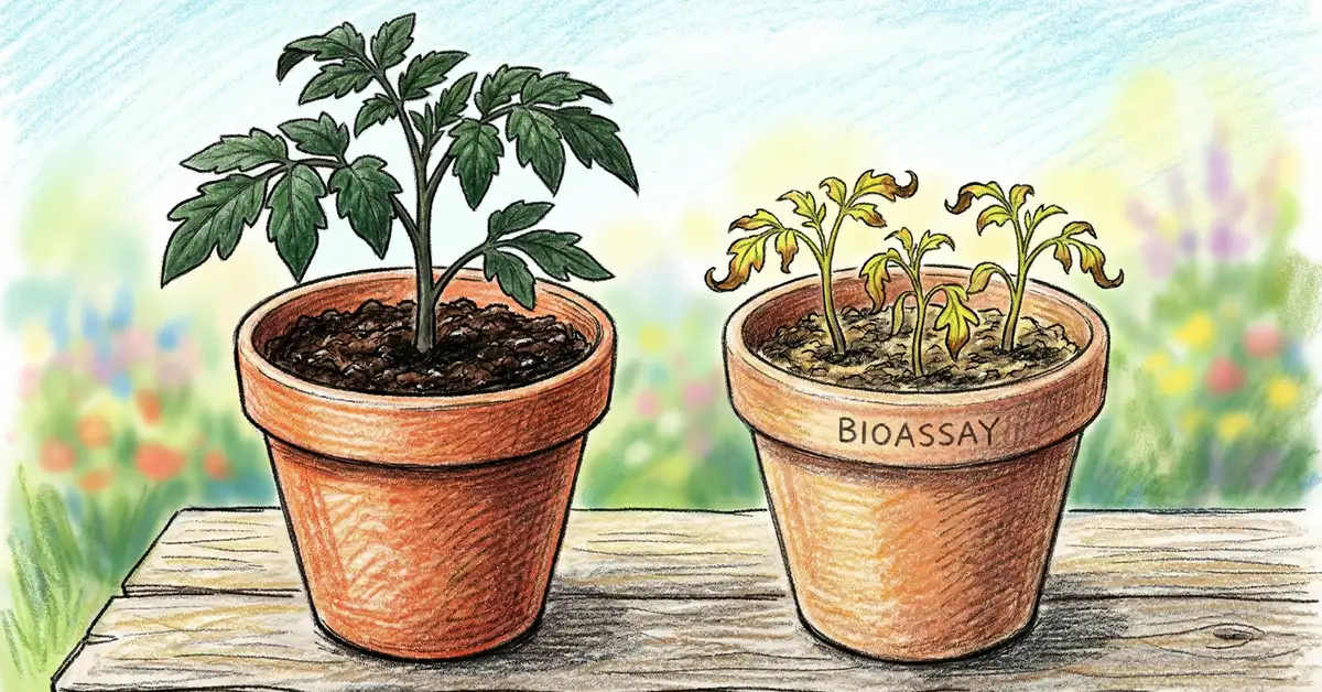 Tomato seedling bioassay test in terracotta pot with mushroom compost showing healthy growth versus salt-burned seedling