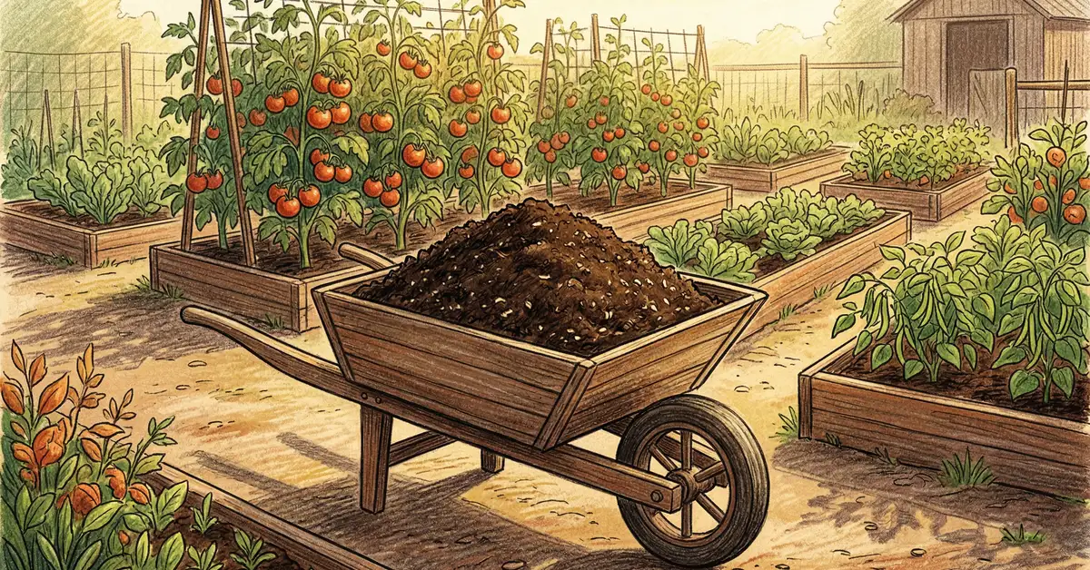 Pencil-crayon illustration of a wheelbarrow full of dark rich mushroom compost in a productive vegetable garden with tomato plants