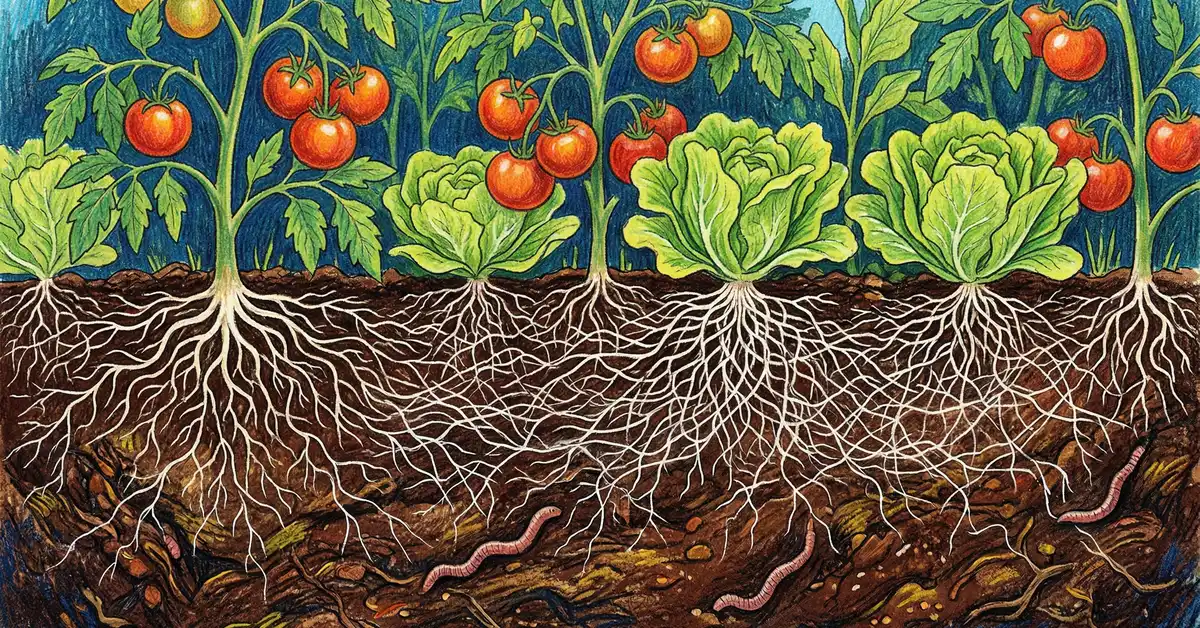 Pencil-crayon illustration showing underground root zone with white mycelium fungal networks connecting plant roots in mushroom compost amended soil