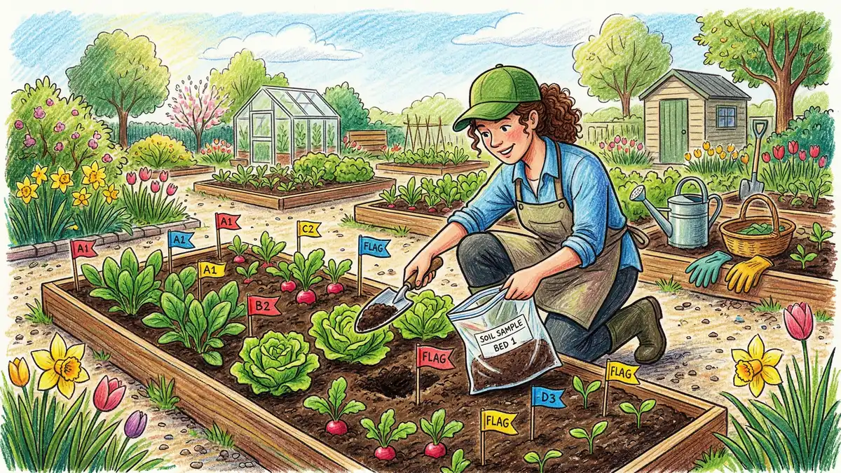 Pencil-crayon illustration of a gardener collecting soil samples with a trowel into labeled bags from a vegetable garden bed with small flags marking sample spots