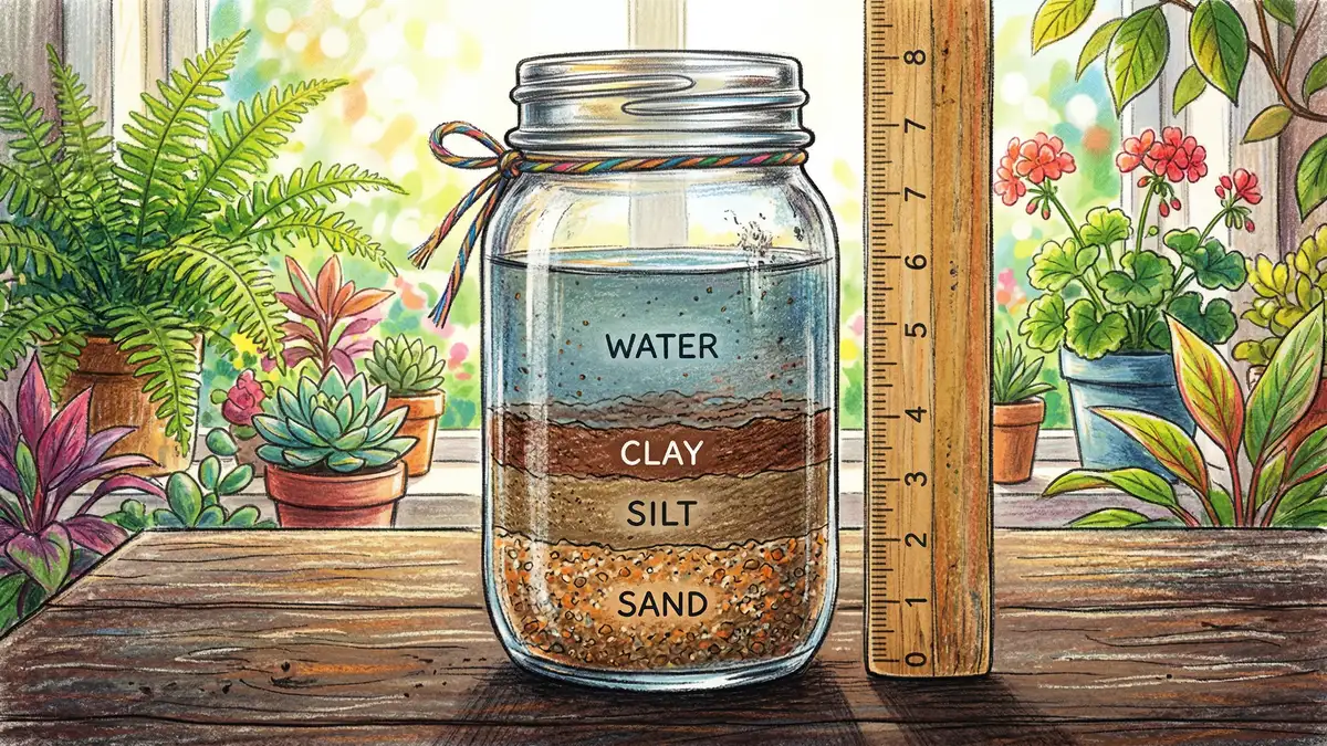 Pencil-crayon illustration of a mason jar soil texture test showing layered sand silt and clay sediment with water above on a wooden table
