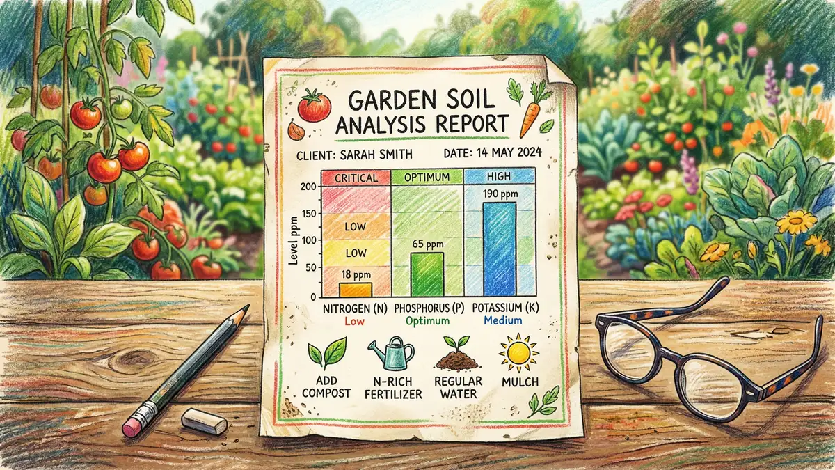 Pencil-crayon illustration of a professional soil test lab report with nutrient bar charts on a garden table beside reading glasses