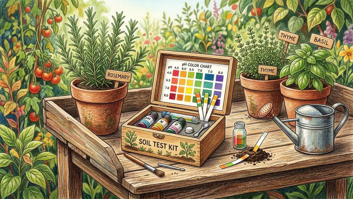 Pencil-crayon illustration of a home soil test kit with pH color-change strips on a wooden potting bench beside terracotta pots
