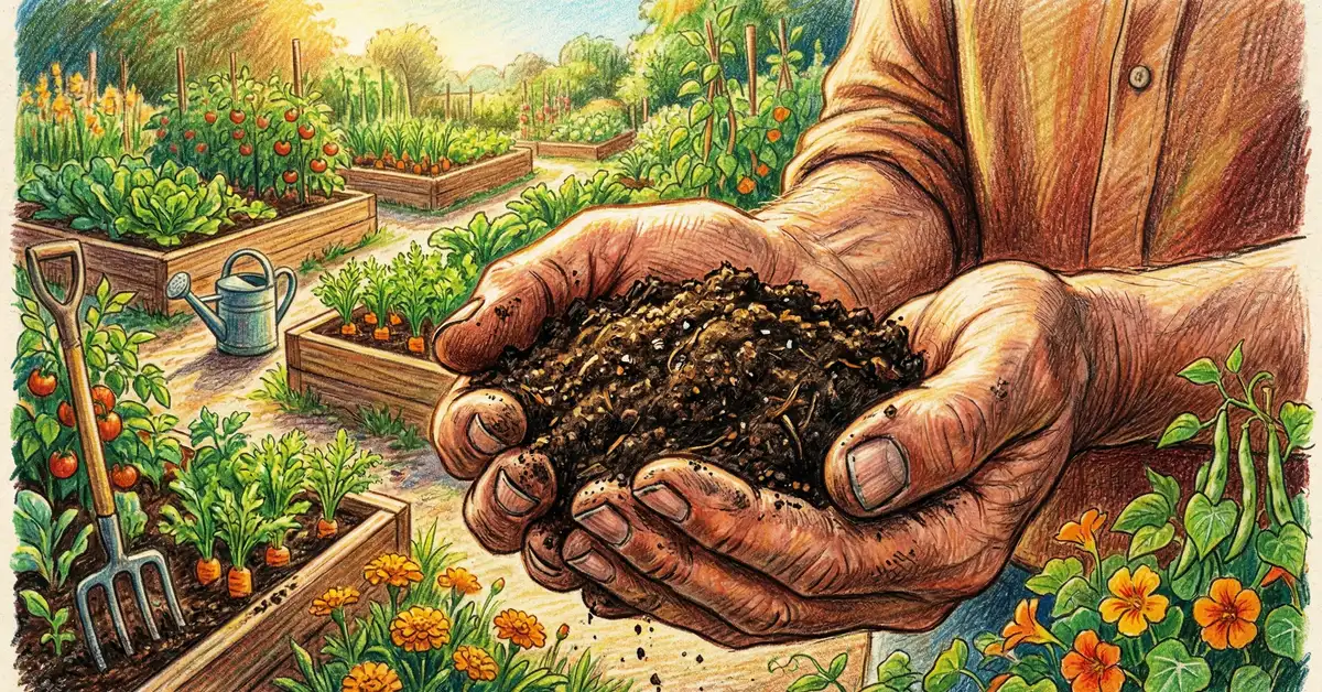 Pencil-crayon illustration of a gardener testing soil pH and nutrients with DIY methods and professional lab kits in a sunny vegetable garden