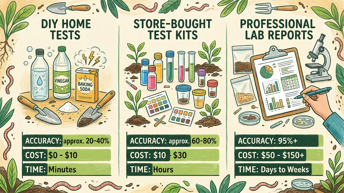 Pencil-crayon infographic comparing three soil testing methods side by side showing DIY vinegar tests store-bought kits and professional lab reports with accuracy and cost