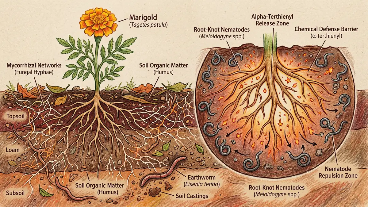 Pencil-crayon illustration of French marigold roots releasing alpha-terthienyl compounds into soil to suppress root-knot nematodes