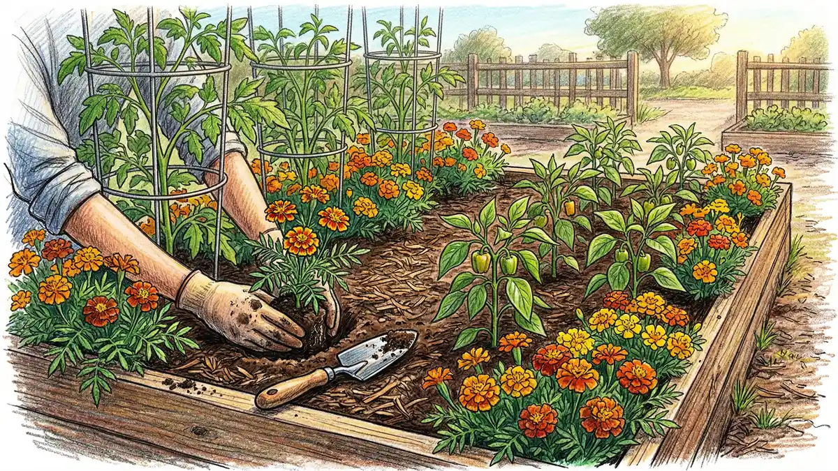 Pencil-crayon illustration of a raised garden bed with French marigolds interplanted between tomato cages and pepper rows