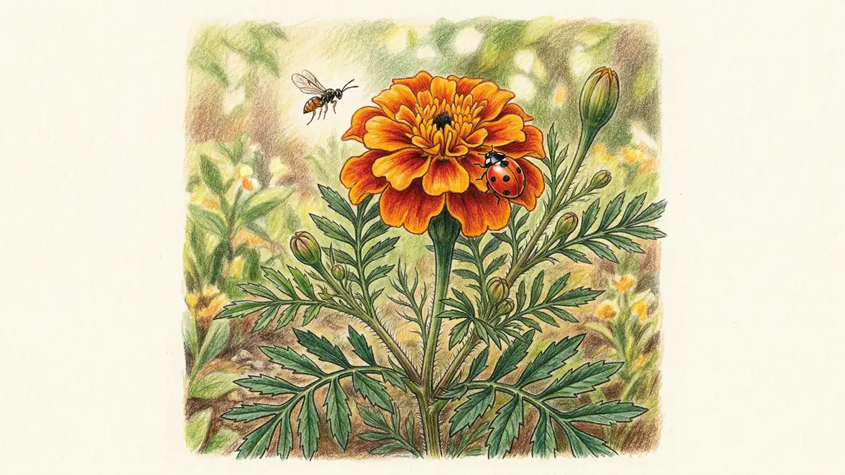 Pencil-crayon illustration of a French marigold attracting ladybugs and parasitic wasps for companion planting pest control