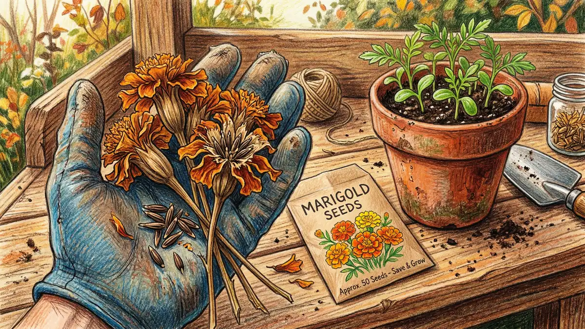 Pencil-crayon illustration of marigold seed heads being harvested for seed saving with young seedlings in the background