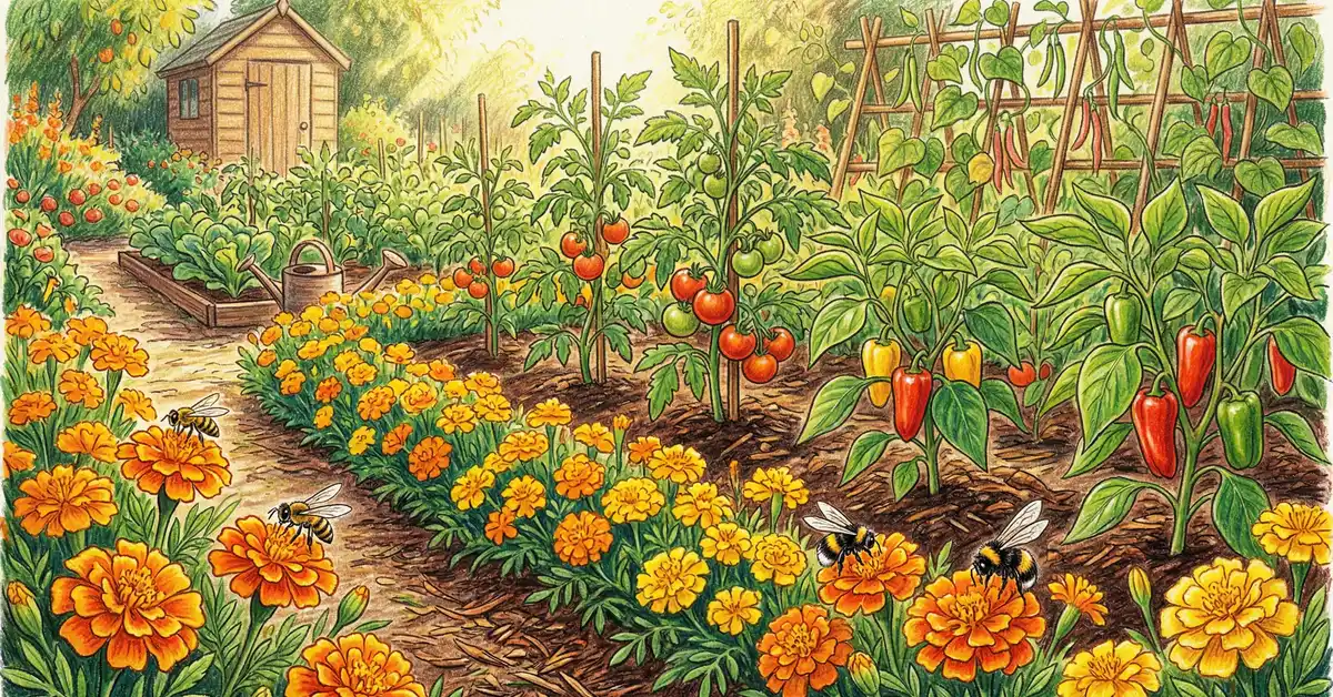 Pencil-crayon illustration of French marigolds interplanted with tomatoes and peppers in a productive companion planting garden