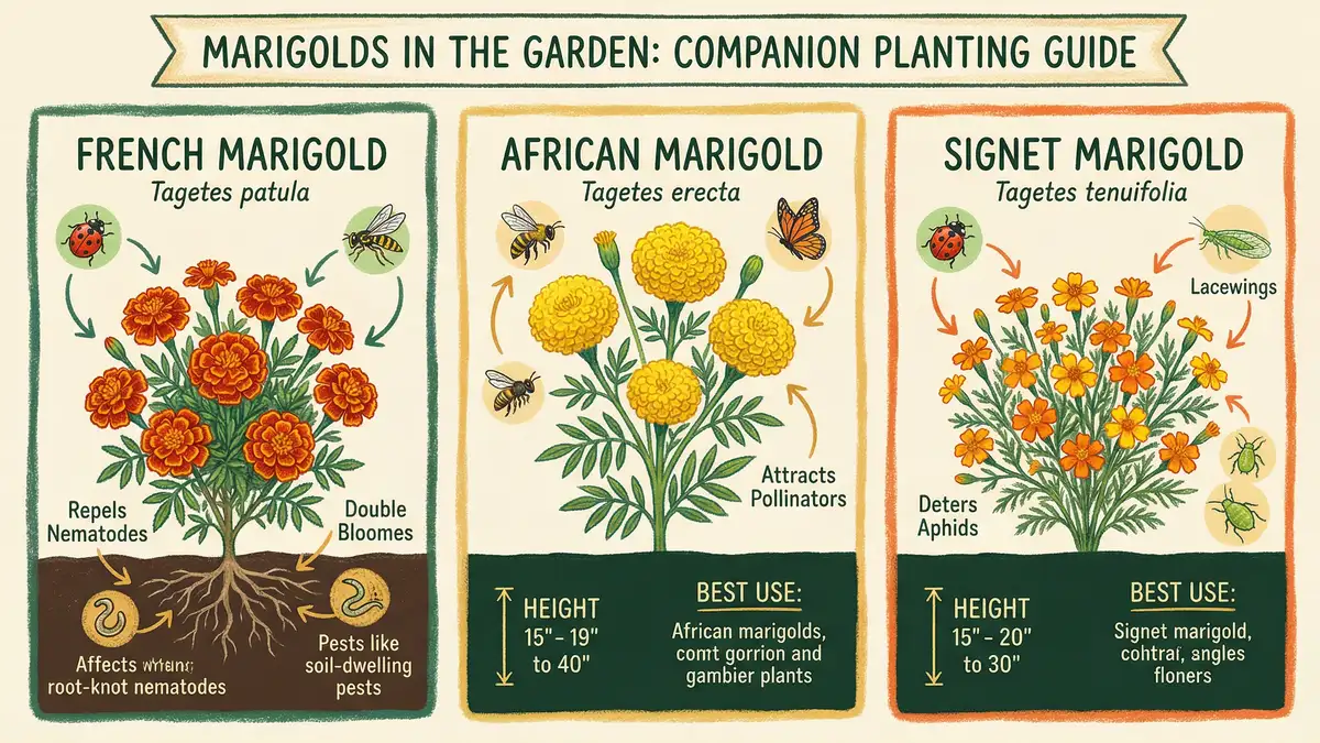 Pencil-crayon infographic comparing French, African, and Signet marigold species for companion planting in vegetable gardens