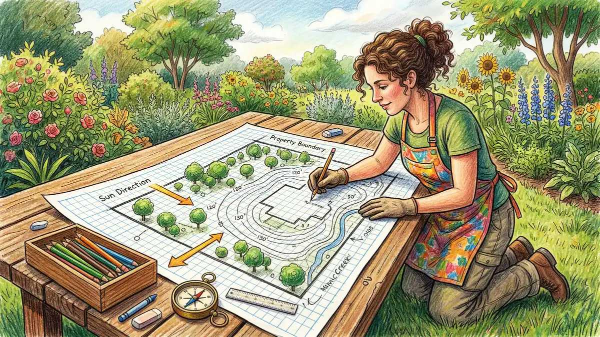 Pencil-crayon illustration of a gardener sketching a food forest base map with compass, measuring tape, and graph paper on a sunny garden table