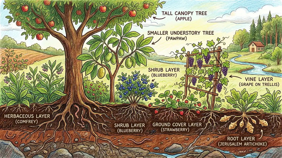 Pencil-crayon cross-section illustration of seven food forest layers showing canopy understory shrub herbaceous ground cover vine and root layers with spacing measurements