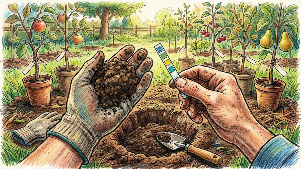Pencil-crayon close-up of hands testing soil layers with a probe showing clay silt and loam horizons in a food forest site