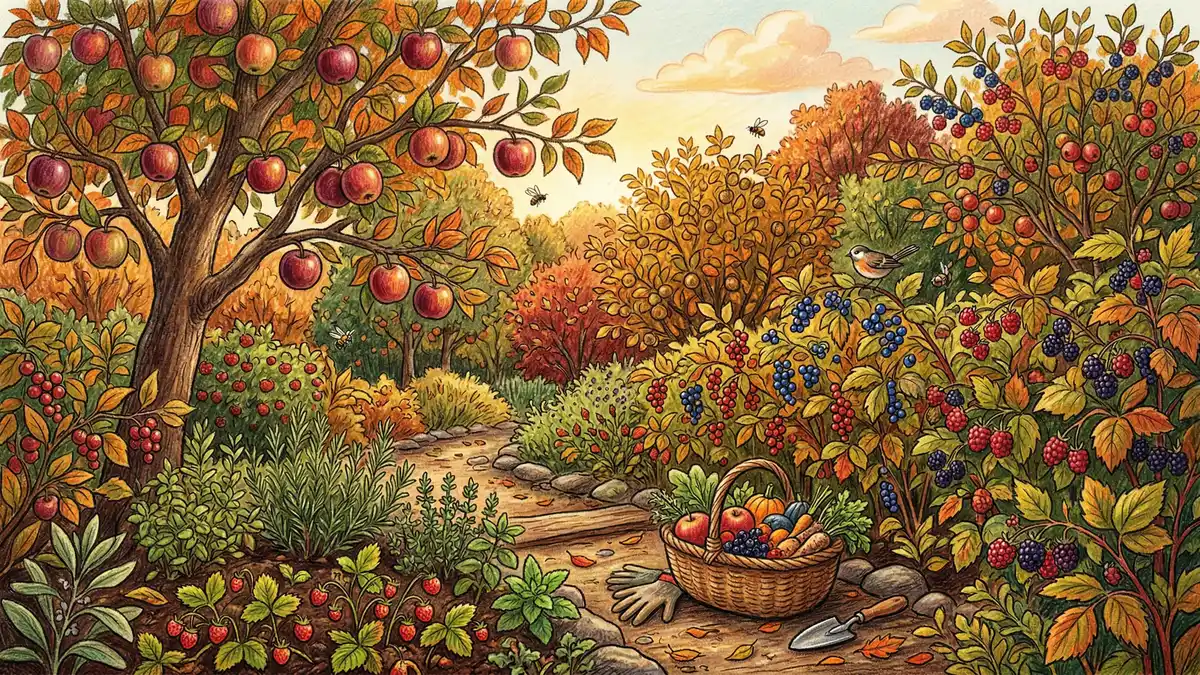 Pencil-crayon illustration of hands harvesting ripe apples and berries from a mature food forest guild with herbs growing below