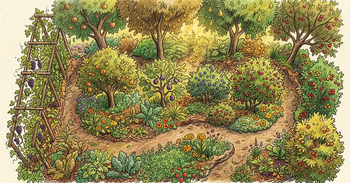 Pencil-crayon illustration of a food forest design overview showing layered canopy trees understory shrubs herbs and ground cover in a permaculture garden