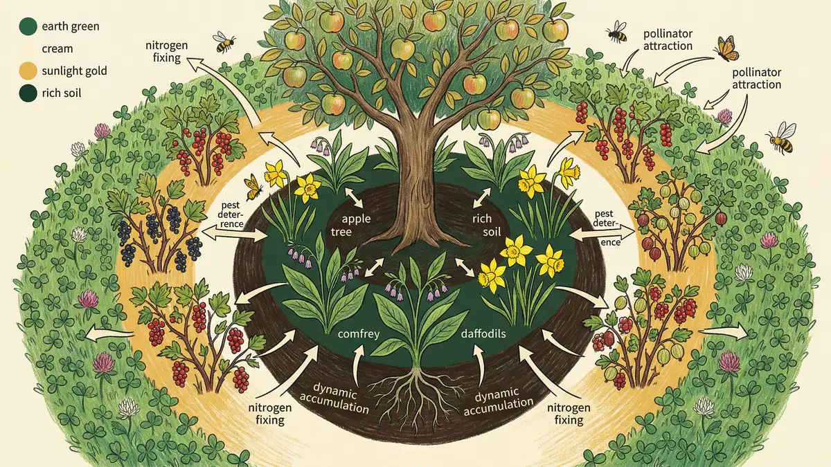 Pencil-crayon infographic diagram of an apple guild layout showing concentric rings of companion plants with spacing measurements and plant functions labeled in earth green and gold