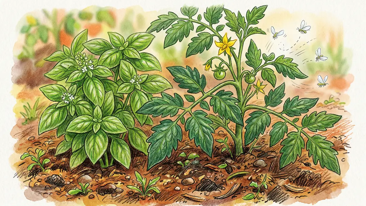 Pencil-crayon illustration of basil plants growing beside tomato plants showing healthy foliage and companion planting pest control benefits