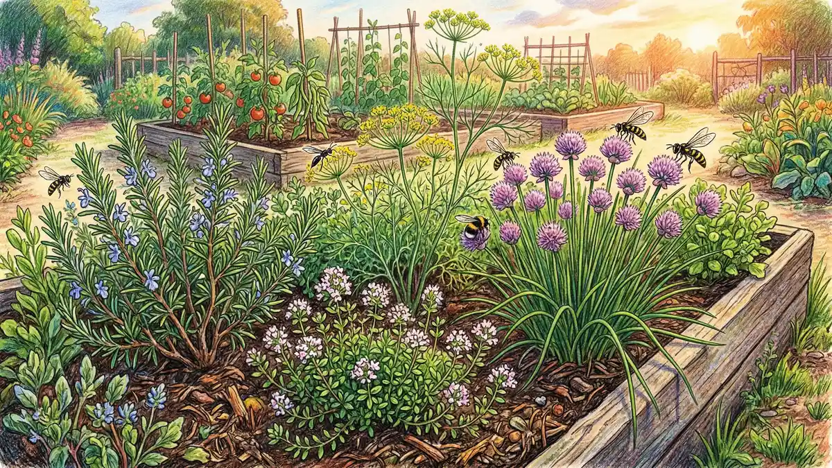 Pencil-crayon illustration of diverse herb border along raised vegetable garden bed showing rosemary thyme dill and beneficial insects for natural pest control