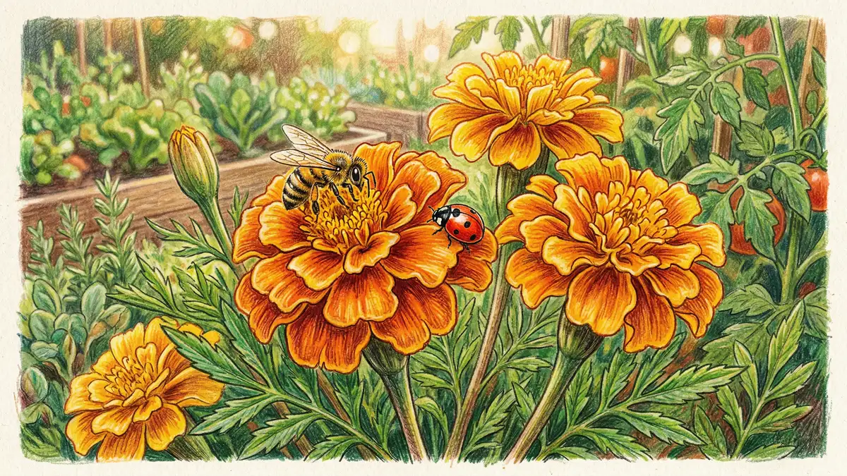 Pencil-crayon close-up of bright orange and yellow French marigold flowers with beneficial insects visiting blooms for natural pest control