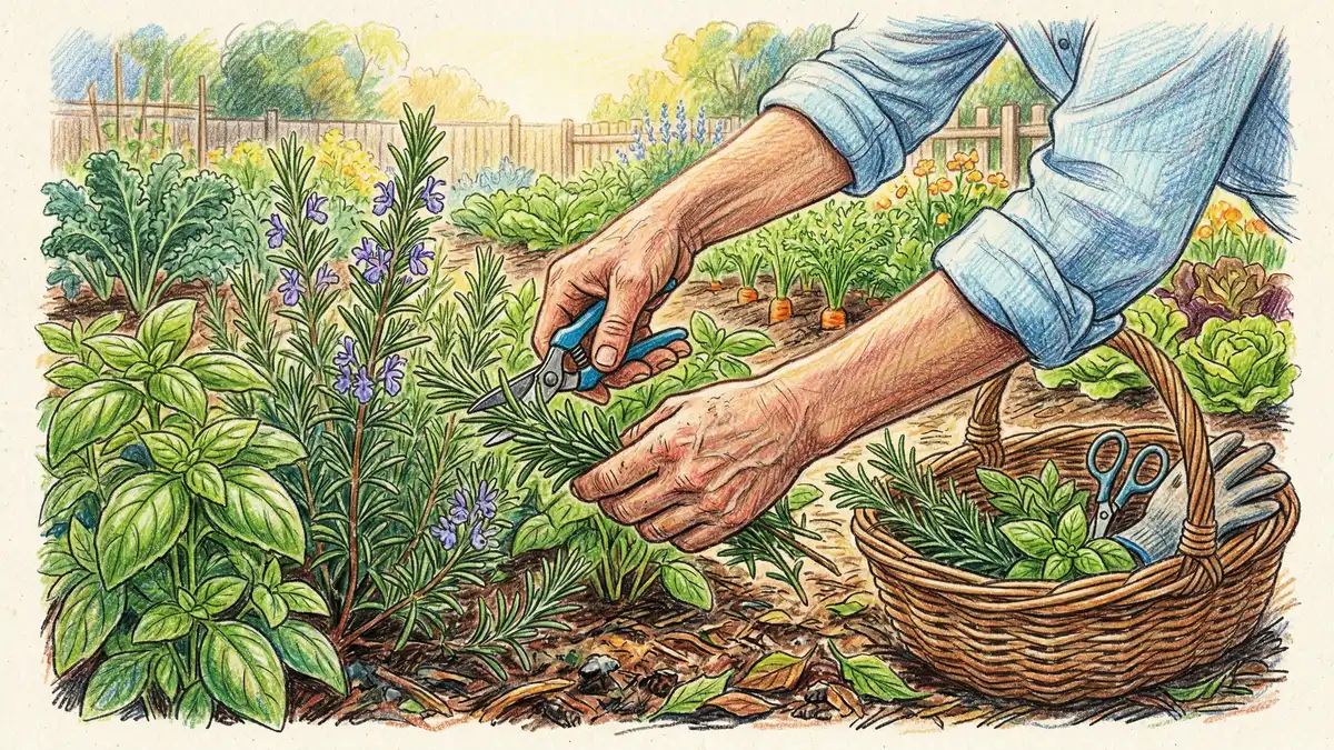 Pencil-crayon illustration of gardener hands harvesting rosemary and basil from herb bed next to vegetable rows for natural pest management