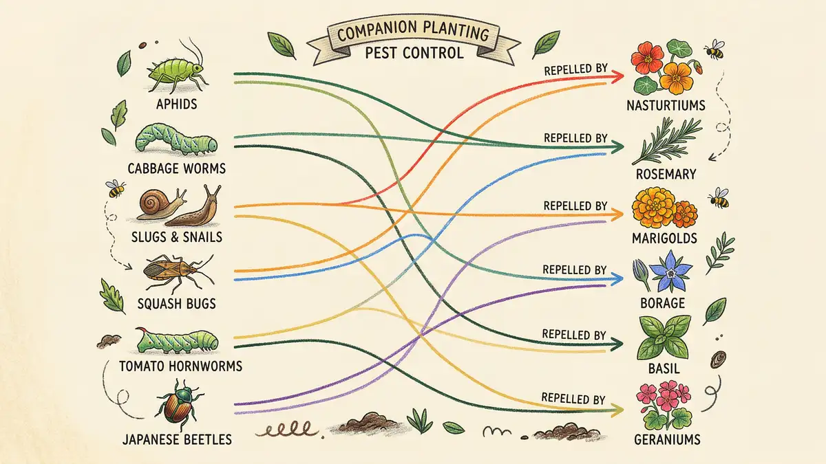 Pencil-crayon infographic showing companion planting pest control chart connecting six common garden pests to their repellent companion plants