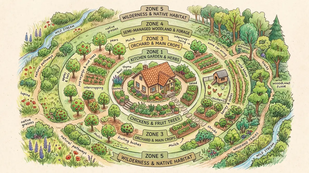 Top-down illustration of the 5 permaculture zones radiating out from a house on a 1/4 acre homestead