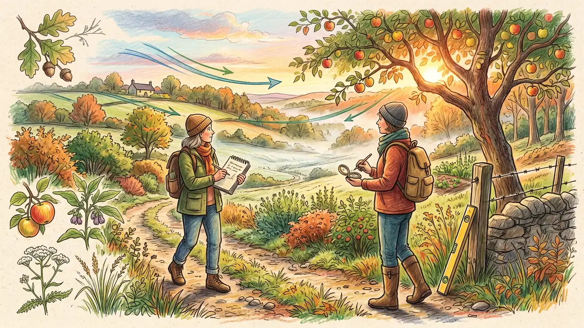 Gardener observing a permaculture property at dawn, notepad in hand, noting frost pockets, wind direction, and sun angles