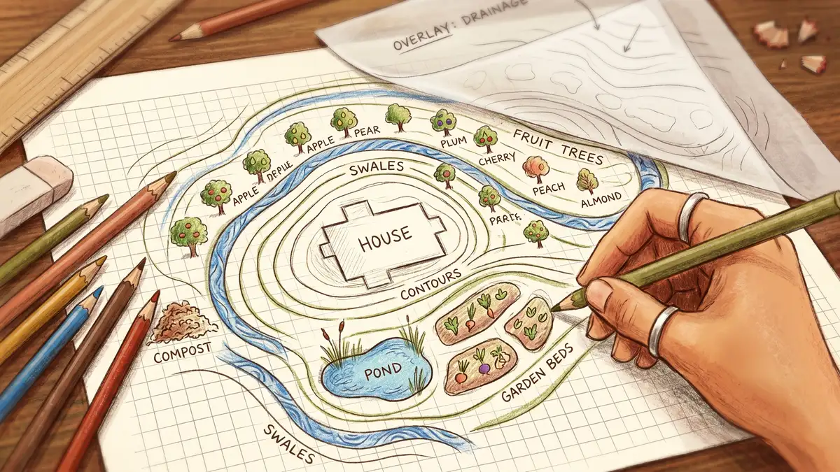 Hand drawing a permaculture base map on graph paper with colored pencils, showing house, swales, fruit trees, and garden beds