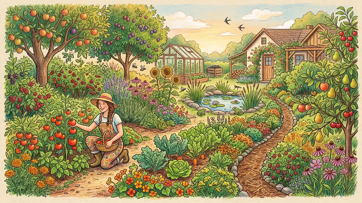 A mature, productive home permaculture garden in mid-summer showing layered fruit trees, swales, pollinator flowers, and raised vegetable beds