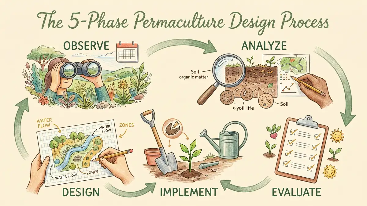 Infographic showing the 5-phase permaculture design process cycle: observe, analyze, design, implement, evaluate