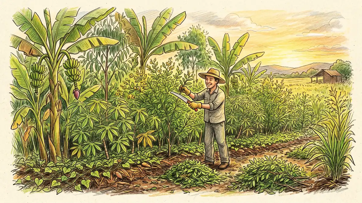 Pencil-crayon scene of a dense Brazilian syntropic agroforestry strip with bananas, cassava, pigeon pea, eucalyptus saplings and sweet potato, with a gardener in a straw hat pruning biomass
