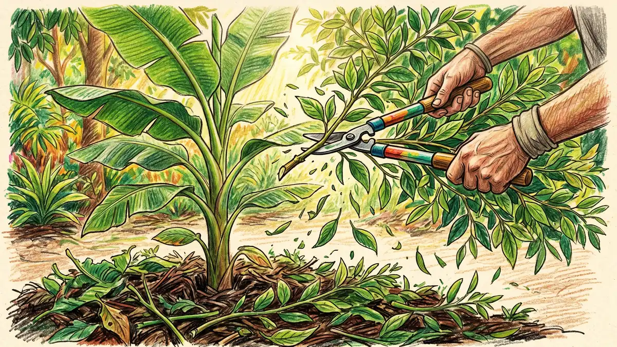 Pencil-crayon close-up of a gardener's hands using pruning loppers to chop a pigeon pea branch, green leaves falling onto rich dark soil around a young banana plant