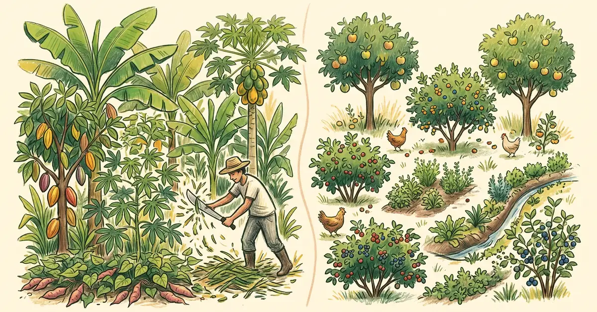 Pencil-crayon illustration comparing a dense syntropic strip beside a zoned permaculture garden with food forest layers