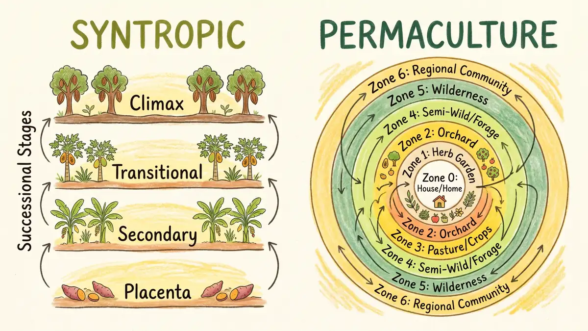 Pencil-crayon infographic comparing syntropic agriculture and permaculture, with the syntropic column showing placenta/secondary/transitional/climax succession classes and the permaculture column showing concentric zones 0-5