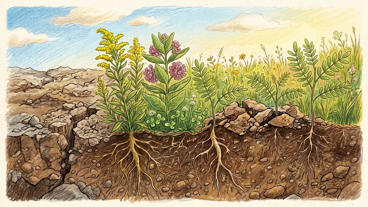 Pencil-crayon illustration of a pioneer plant community — goldenrod, clover, and young black locust seedlings colonising bare soil