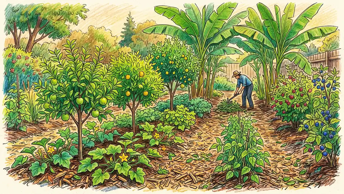 Pencil-crayon illustration of a syntropic planting strip showing placenta, secondary, transitional, and climax species stacked in one bed