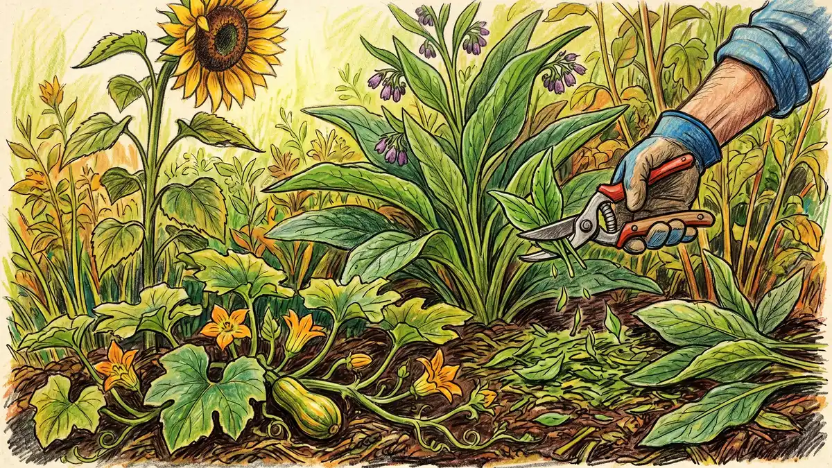 Illustration of pruning a black locust and laying the branches as mulch between rows of fruit trees