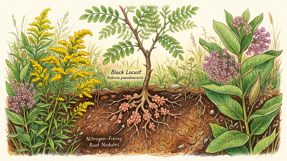 Illustration of nitrogen-fixing root nodules on black locust and autumn olive