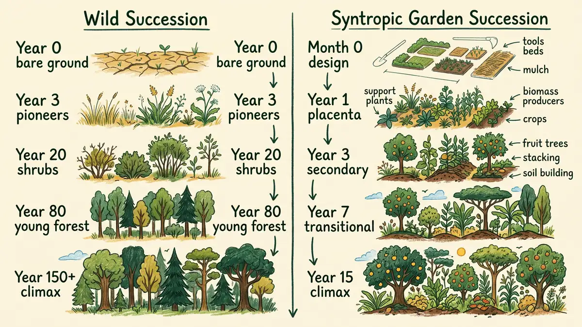 Infographic comparing natural succession timeline (150–300 years) vs syntropic compressed timeline (5–15 years) across four stages