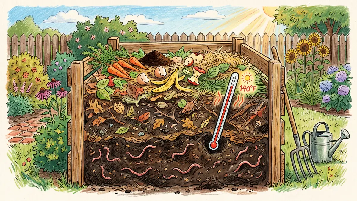 Cross-section of a backyard compost pile showing fresh scraps on top and finished compost below with earthworms