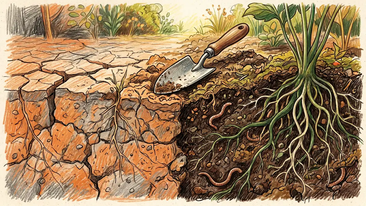 Side-by-side soil comparison showing compacted clay soil next to the same soil improved with organic amendments