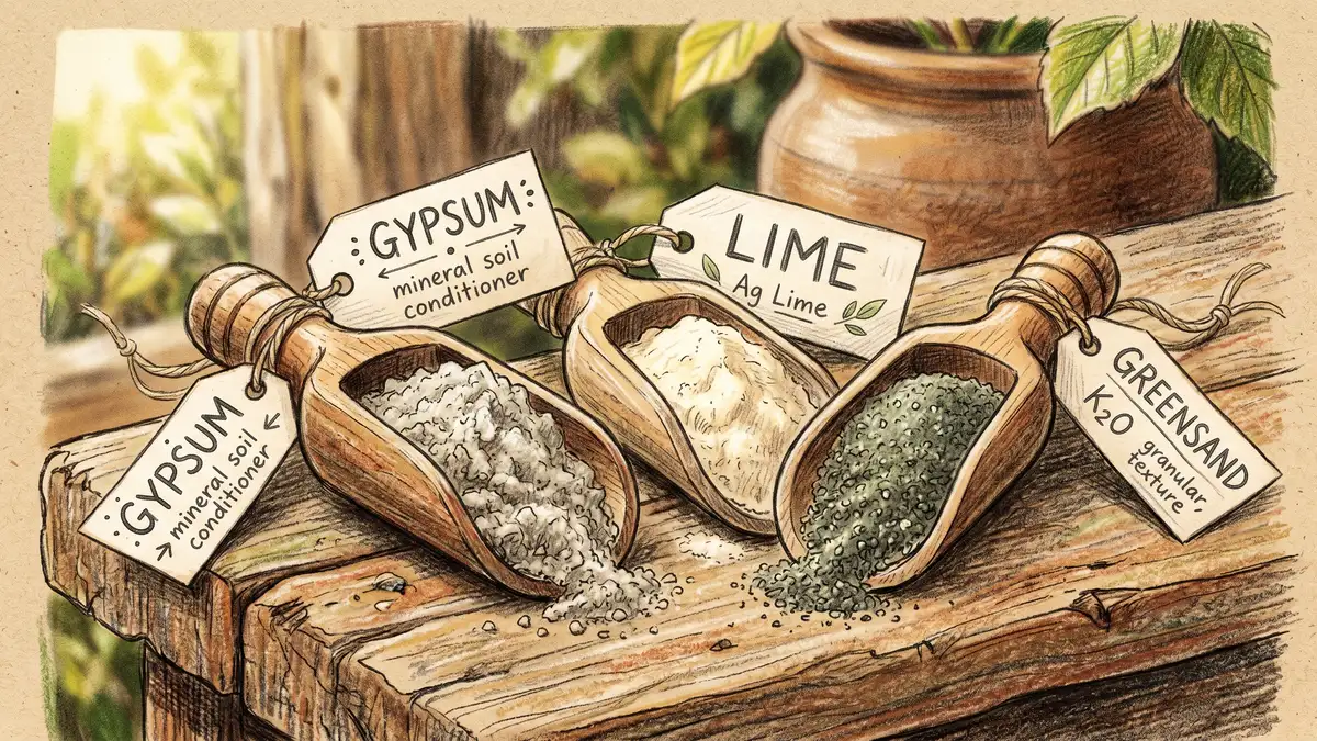 Three small scoops of mineral soil amendments: gypsum, lime, and greensand on a rustic wooden surface