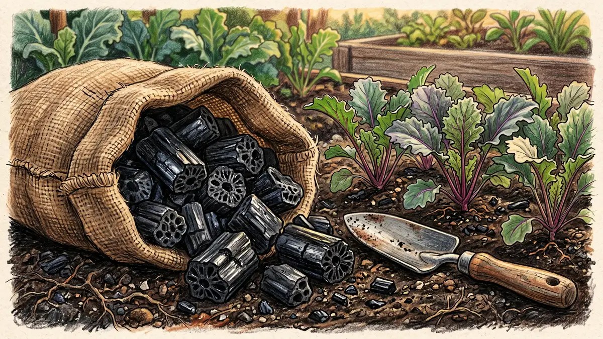 Glossy black biochar chunks spilling from a burlap sack next to a trowel and kale seedlings