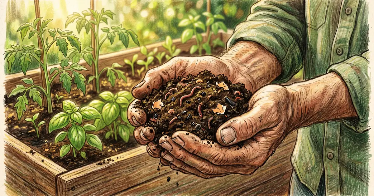 Gardener's hands cradling rich dark compost mixed with worm castings, biochar, and crushed eggshells above a raised vegetable bed