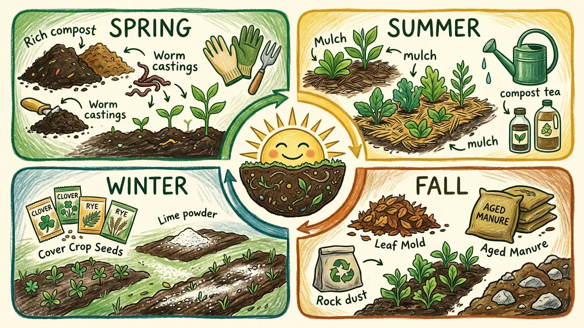 Seasonal soil amendment calendar showing the right amendments for spring, summer, fall, and winter