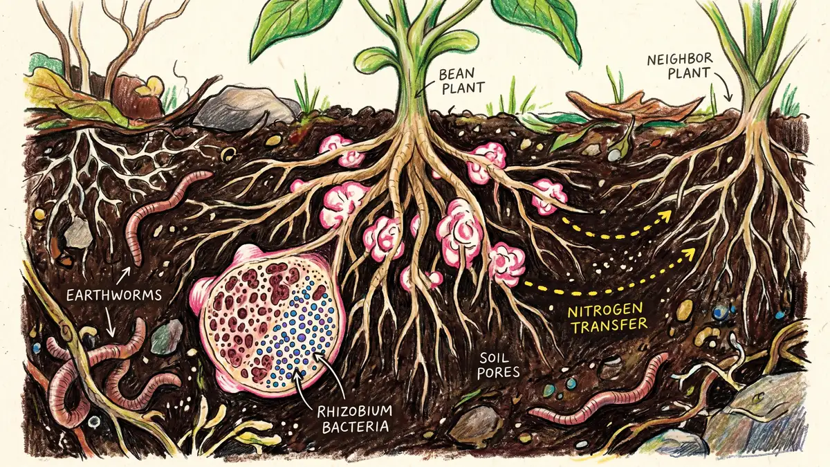 Pencil-crayon illustration of bean root system showing pink Rhizobium nitrogen-fixing nodules in rich garden soil
