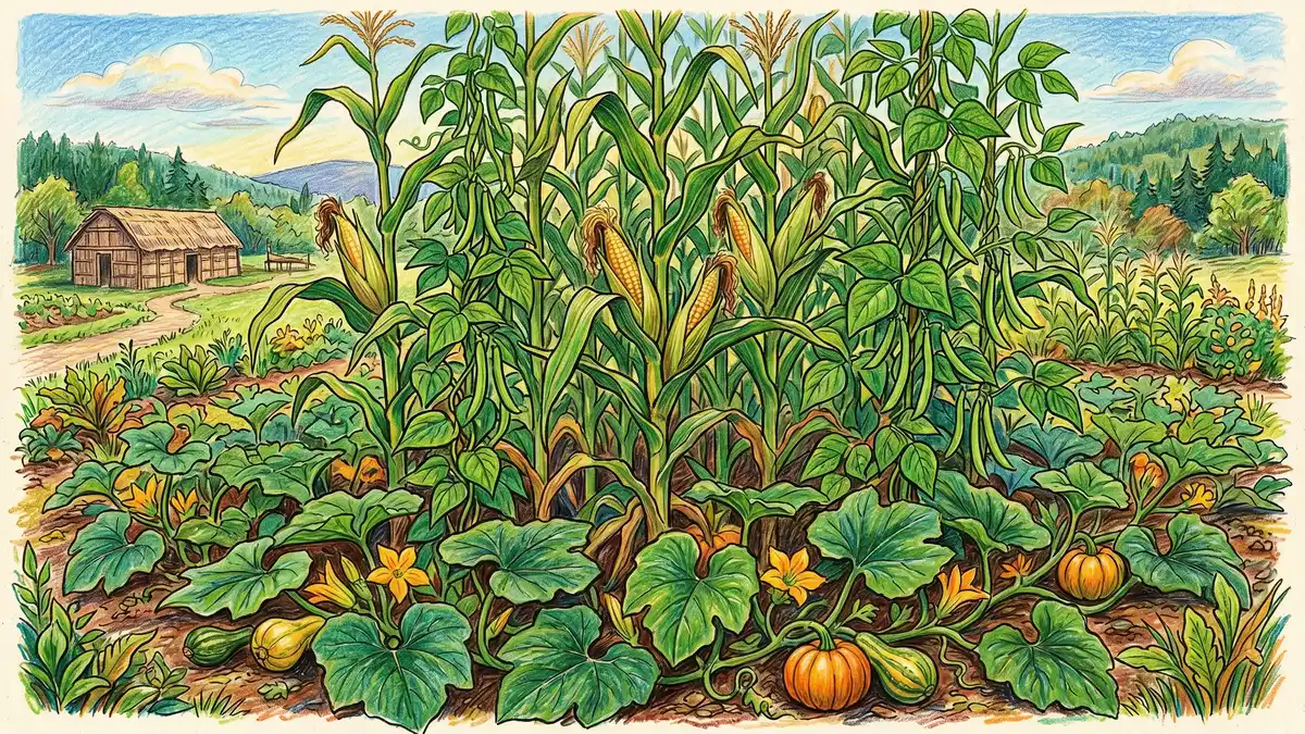 Pencil-crayon illustration of Three Sisters garden with corn stalks supporting pole beans and squash spreading below