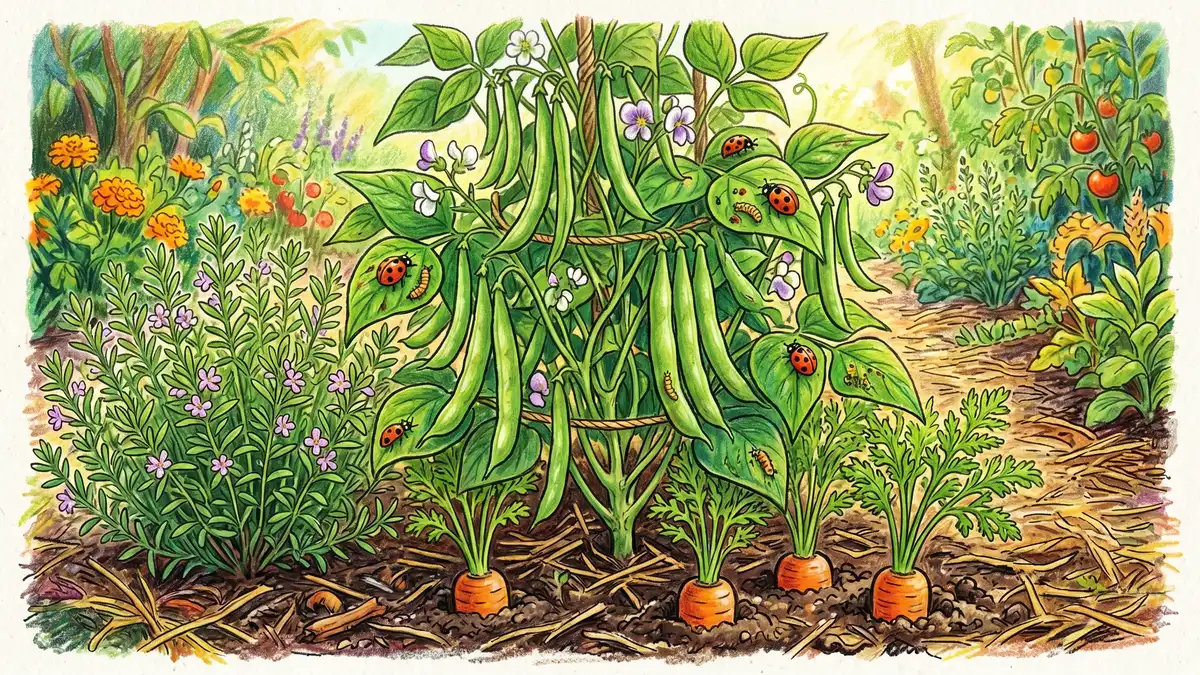 Pencil-crayon sketch of bush bean plant growing alongside carrots and summer savory in a companion planting arrangement