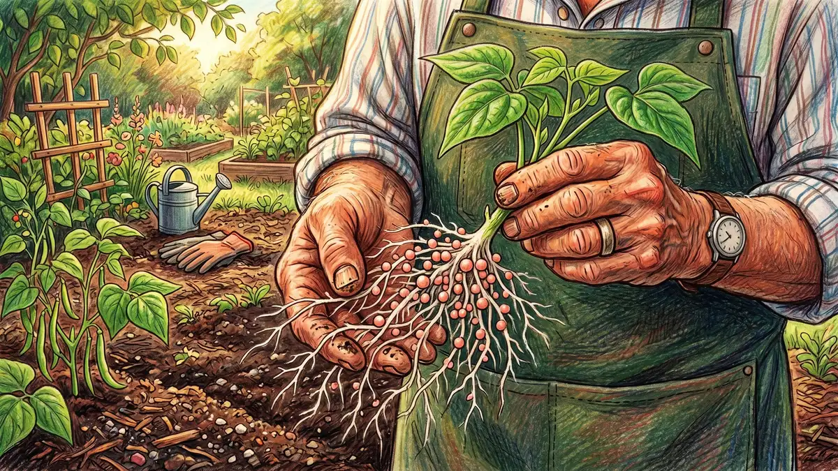 Close-up pencil-crayon drawing of bean root nodules containing Rhizobium bacteria for companion planting beans